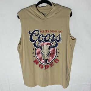 Coors Golden Colorado Rodeo Beige Sleeveless Graphic Tee Hooded Muscle Shirt XL